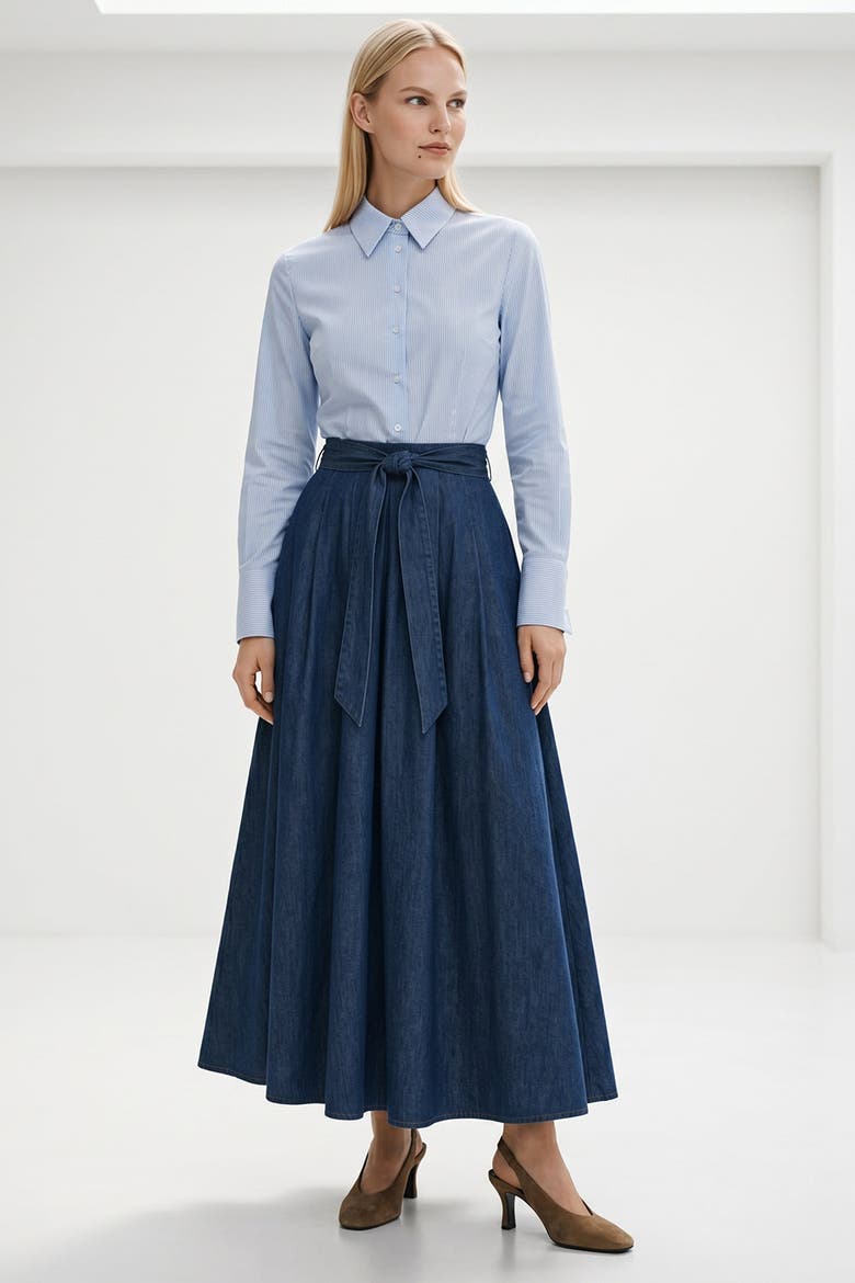 Cherrelle Long Sleeve Belted Denim Midi Dress, Alternate, color, Blue
