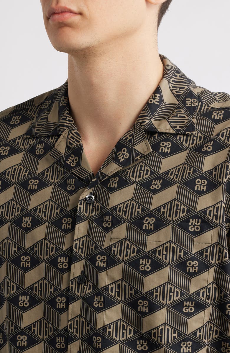 HUGO Ellino Logo Print Camp Shirt, Alternate, color, Black