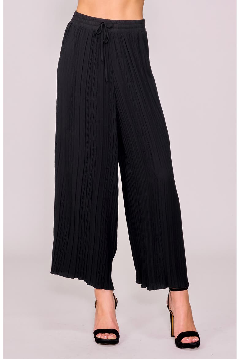 Crinkle Pleat Wide Leg Drawstring Pants, Main, color, BLACK