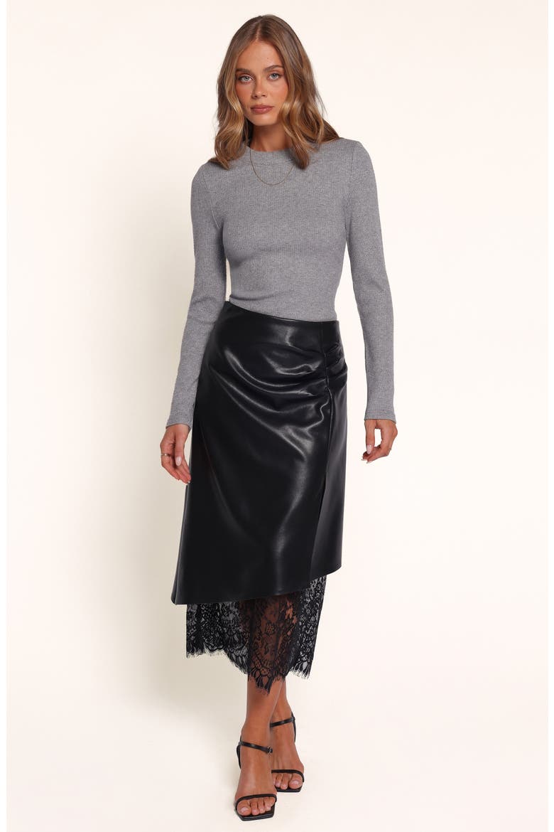 Freida Faux Leather Lace Trim Midi Skirt, Alternate, color, BLACK