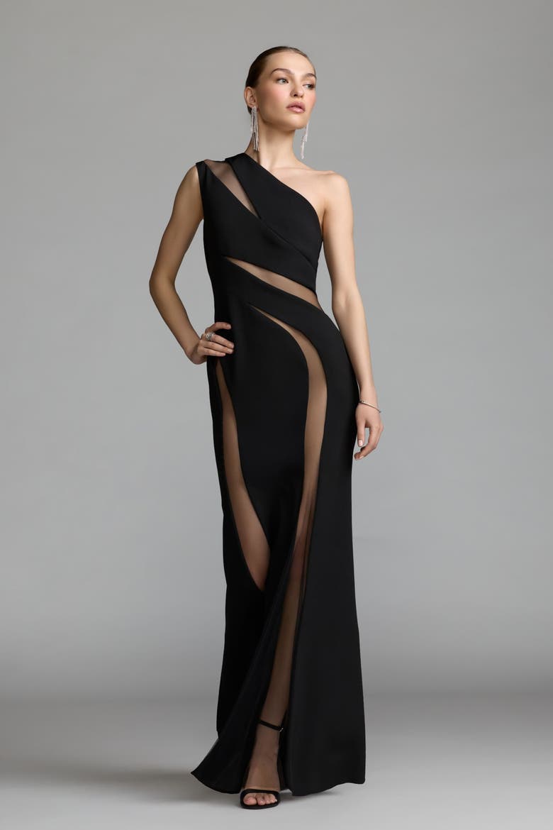 One Shoulder Crepe Illusion Cutout Gown, Alternate, color, Black