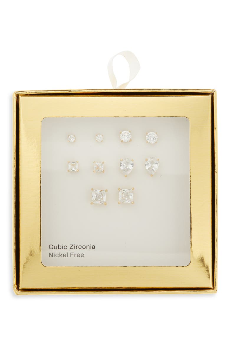Set of 5 Cubic Zirconia Stud Earrings, Main, color, CLEAR- GOLD