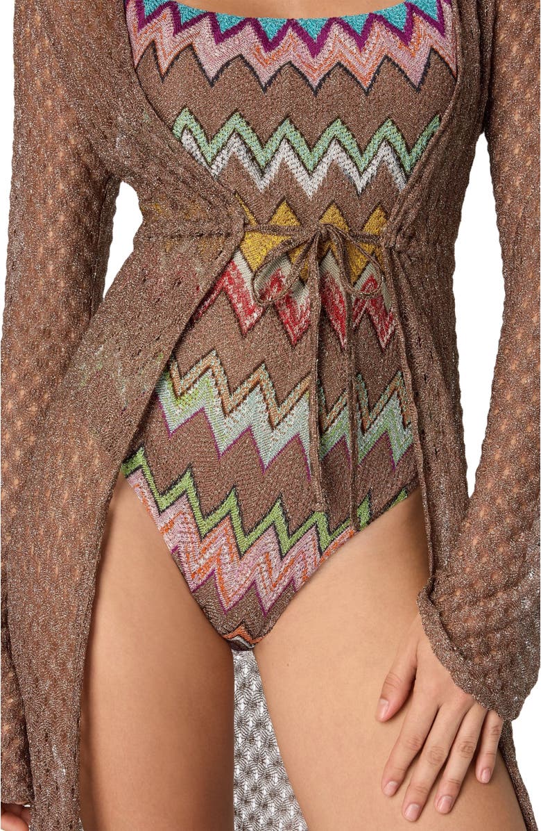 Missoni Long Cardigan In Lamé Viscose With Spiderweb Motif, Alternate, color, Brown