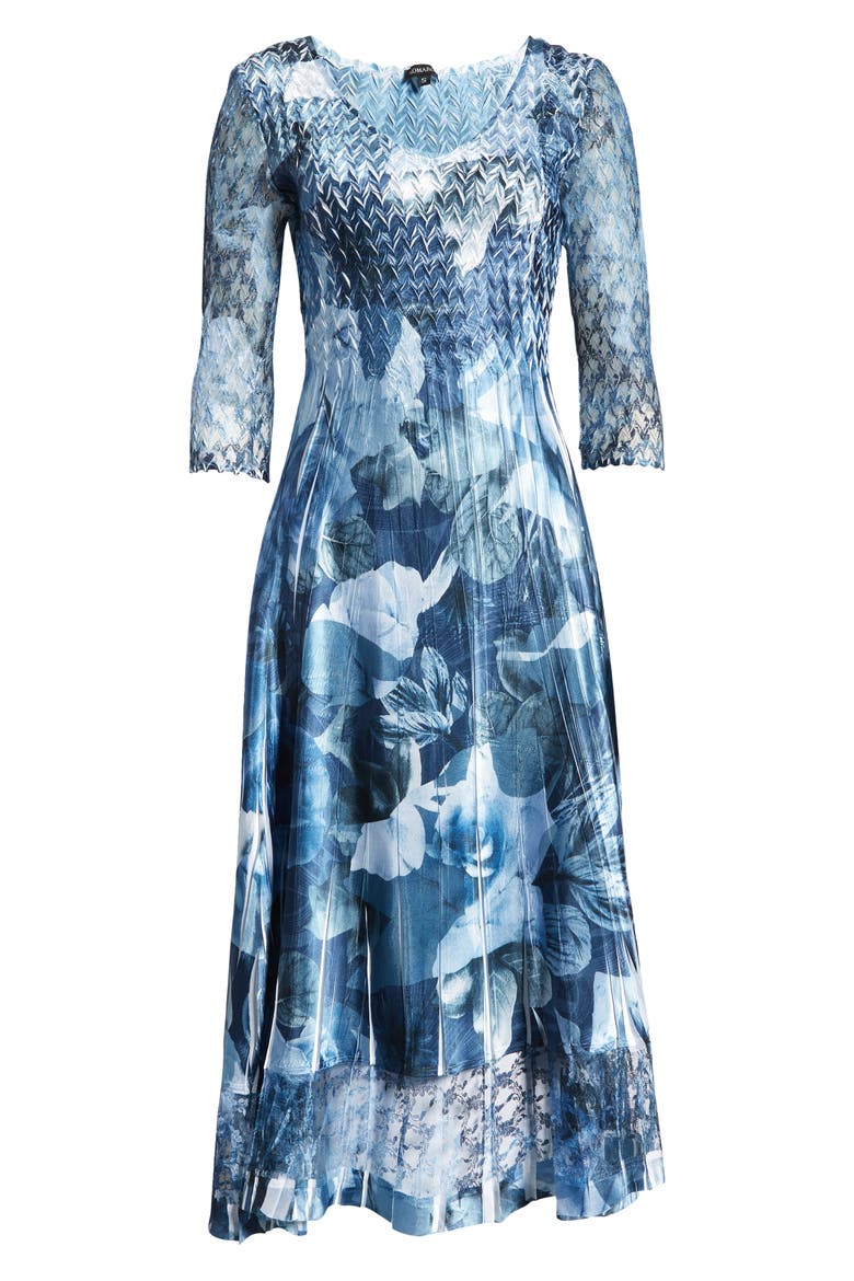 Lace Sleeve Charmeuse Midi Cocktail Dress, Alternate, color, ABSTRACT ROSE