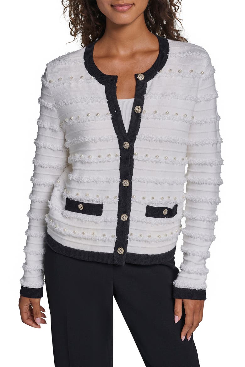 Imitation Pearl Fringe Cardigan, Main, color, SOFT WHITE/ BLACK