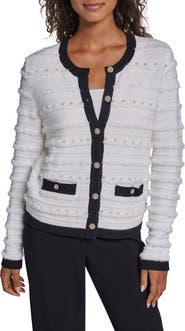 KARL LAGERFELD PARIS Imitation Pearl Fringe Cardigan