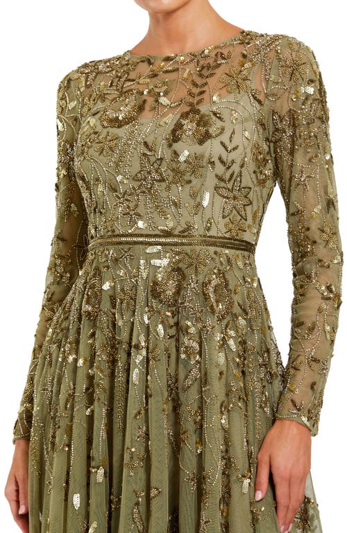 Mac Duggal Long Sleeve Hand Embellished Floral A-line Gown In Green