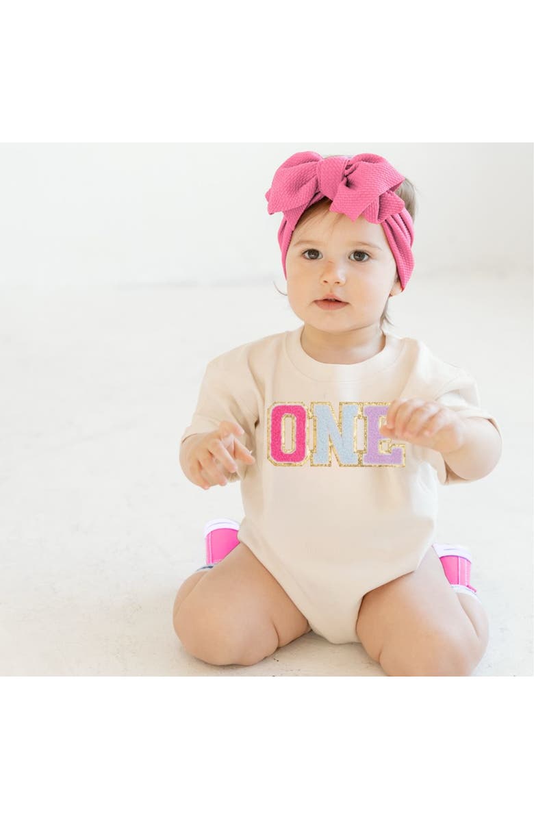 Sweet Wink First Birthday Patch Long Sleeve Romper, Alternate, color, 