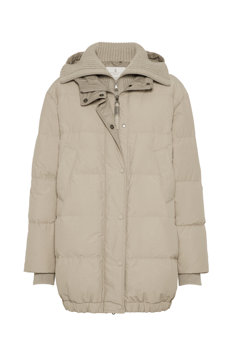 Brunello Cucinelli Water-resistant techno cotton hooded down jacket with shiny zipper pull, Main, color, 