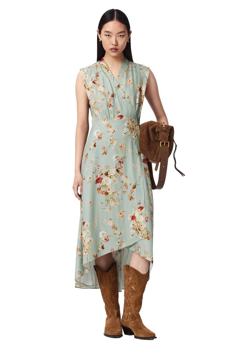 AllSaints Mira Floral Silk Blend Faux Wrap Midi Dress, Alternate, color, Armada Powder Blue