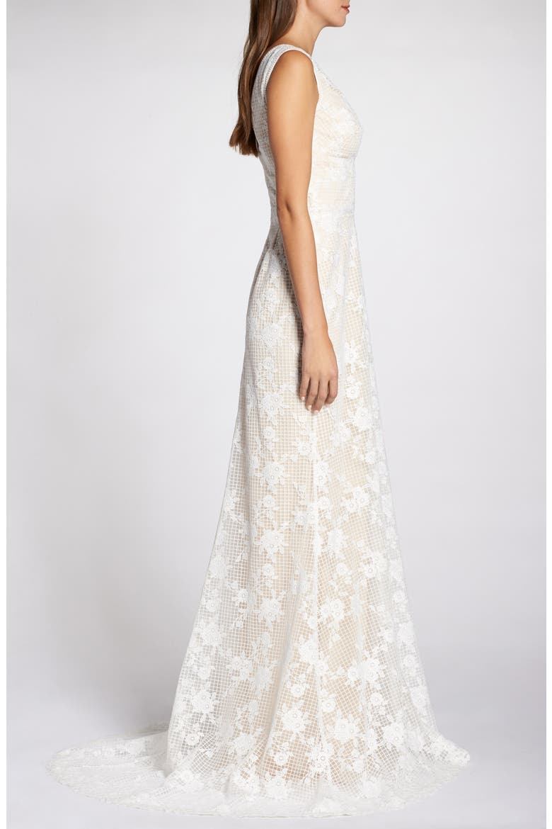 Grid & Floral Lace A-Line Wedding Dress, Alternate, color, IVORY/ PETAL