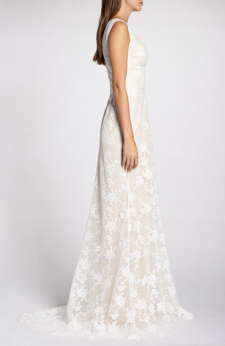 Tadashi Shoji Grid & Floral Lace A-Line Wedding Dress, Alternate, color, 