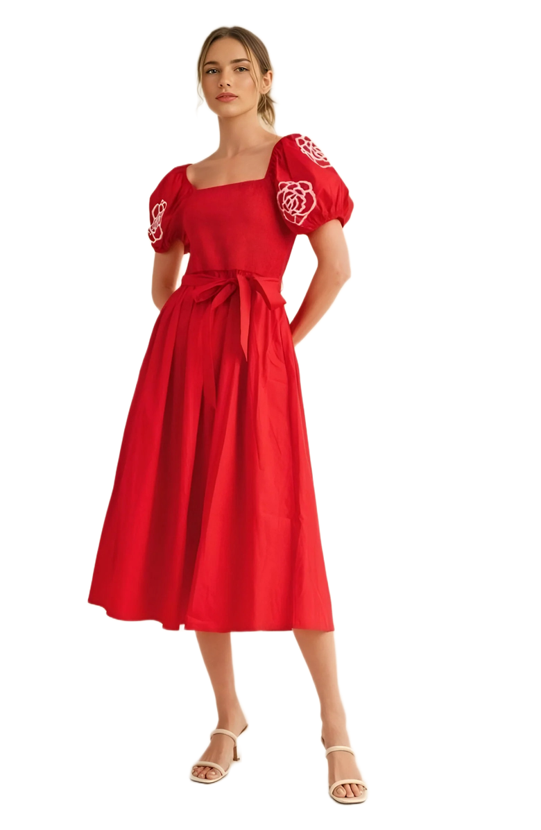 Knit and Lounge Puff Sleeve Smocked Bodice Midi Dress, Alternate, color, Red