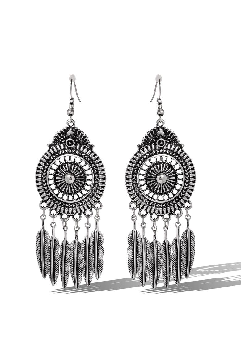 Boho Feather Drop Earrings, Main, color, Antique Silver