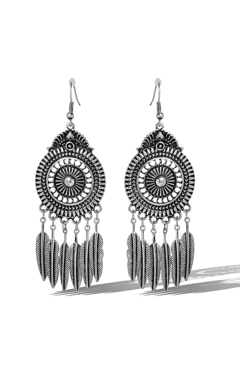 Jessica Simpson Boho Feather Drop Earrings, Main, color, Antique Silver