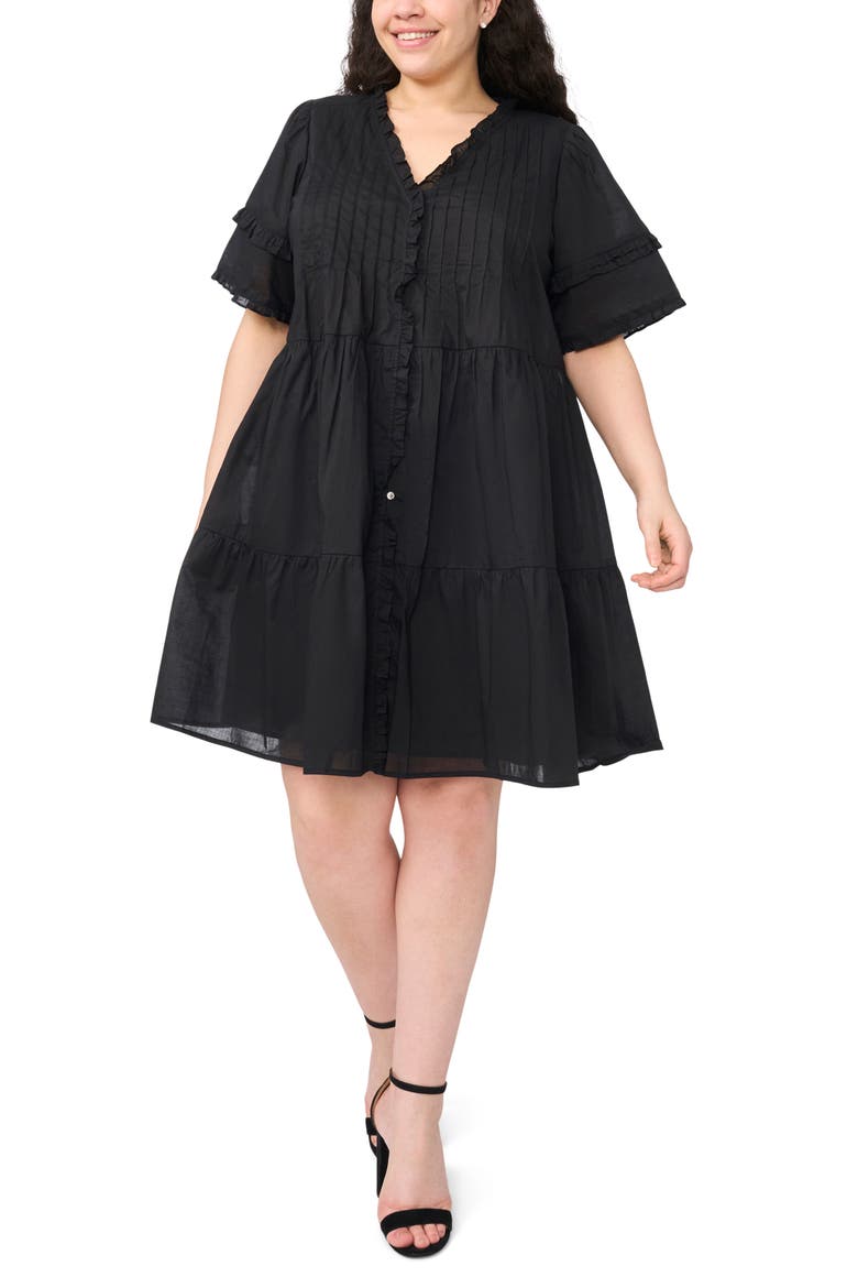 Pintuck Tiered Cotton Dress, Main, color, RICH BLACK