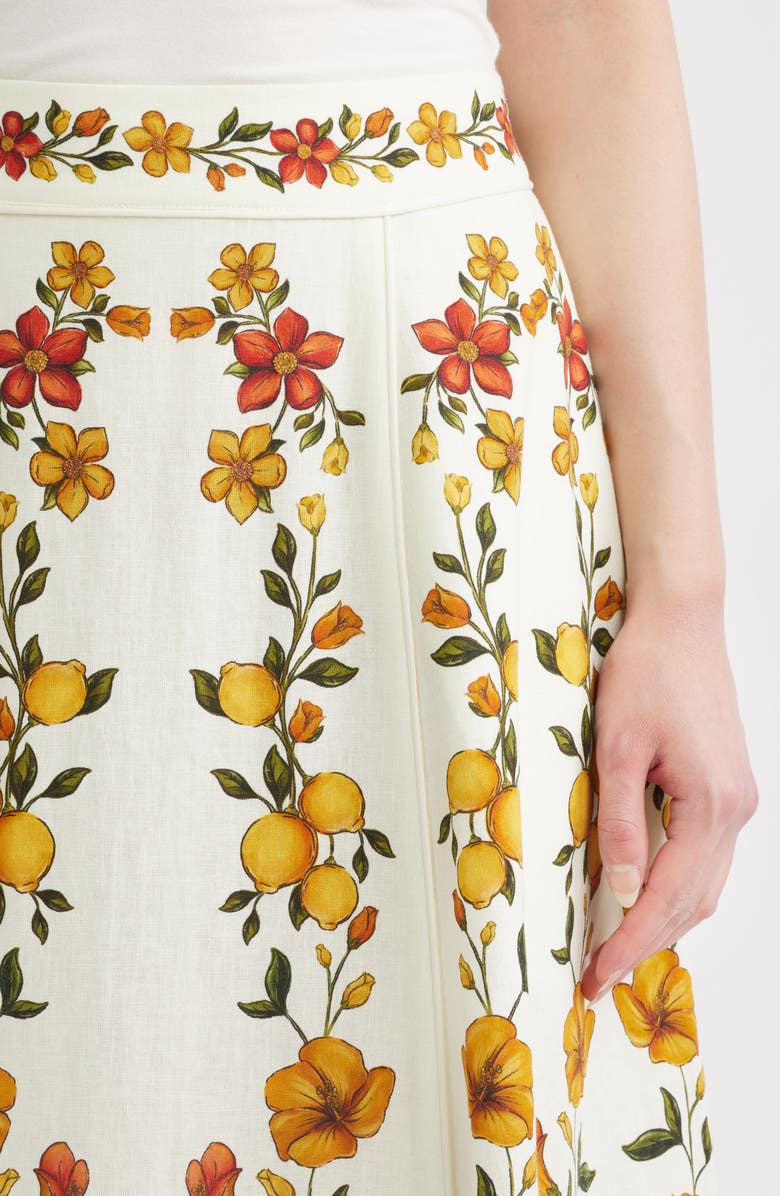 FARM Rio Lemon Bouquet Floral Linen Blend Midi Skirt, Alternate, color, Lemon Bouquet Off-White