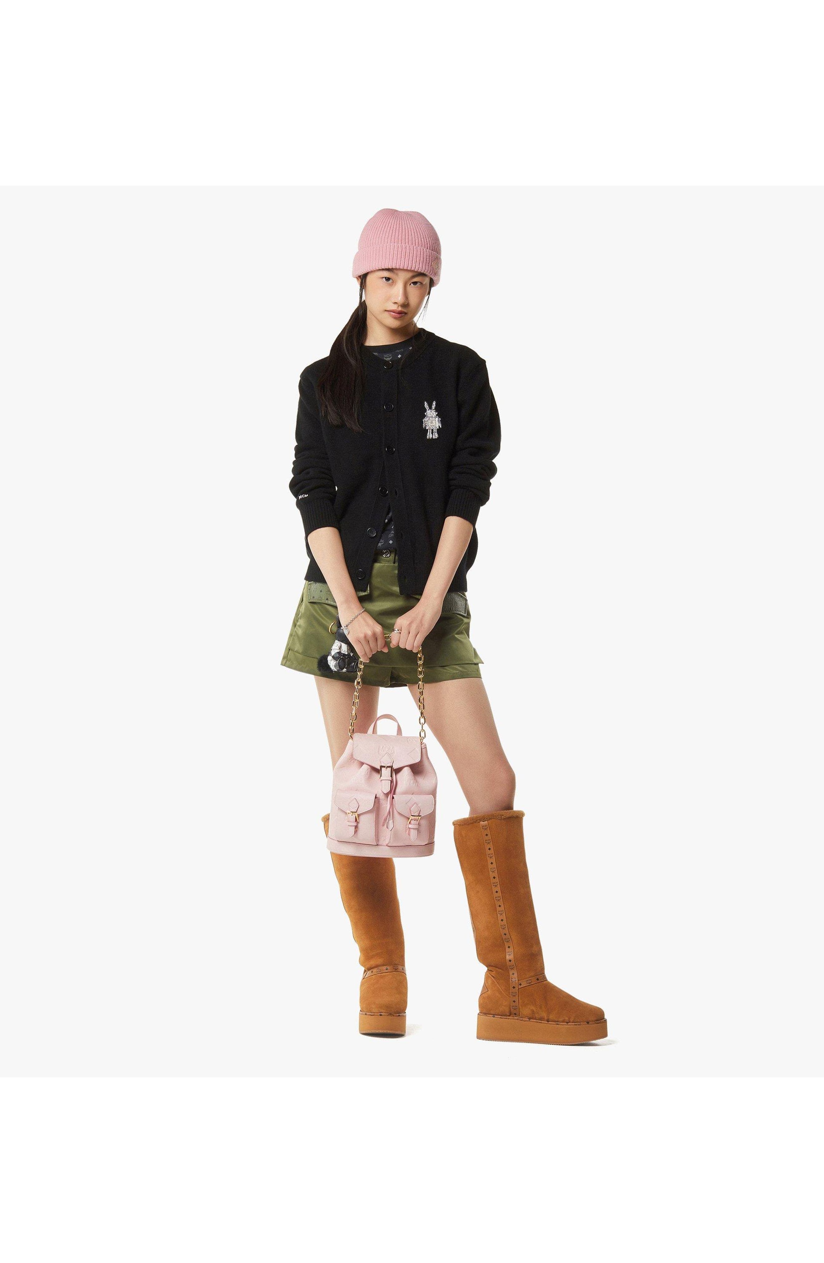 MCM Aren Drawstring Backpack in Maxi Monogram Leather, Alternate, color, Lotus Pink