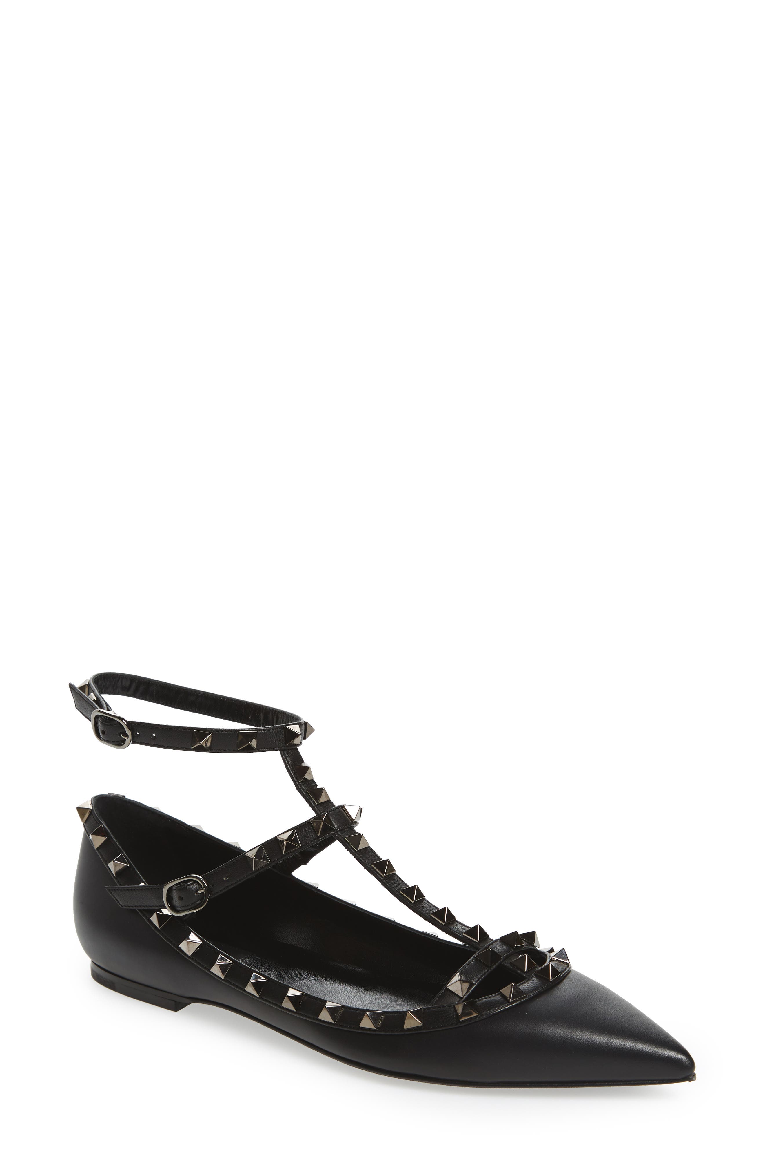 Valentino Garavani 'Rockstud' Double Ankle Strap Pointy Toe Flat, Alternate, color, 