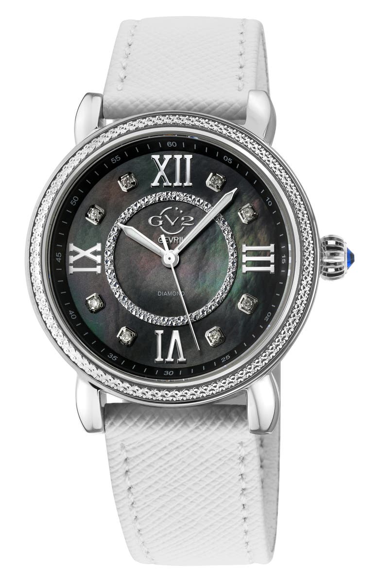 GV2 Marsala Mother of Pearl Dial Diamond Faux Leather Strap Watch, 37mm - 0.096ct., Main, color, White
