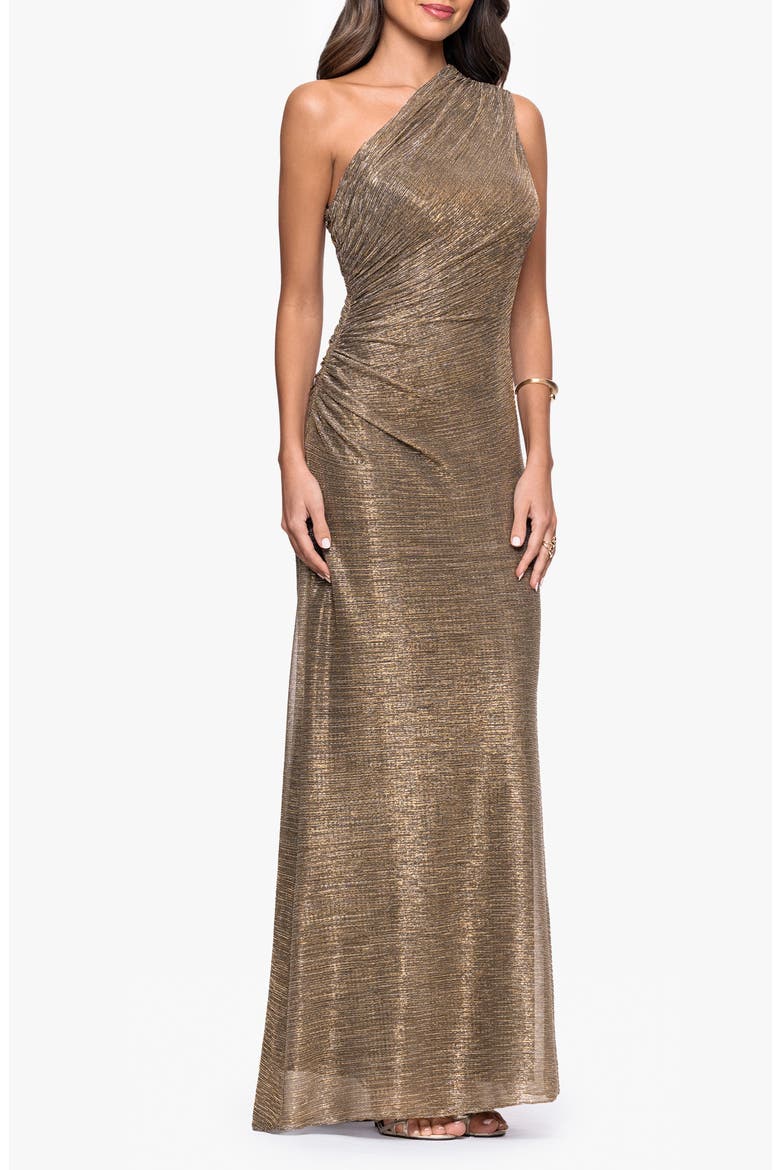 One-Shoulder Metallic Crinkled Column Gown, Alternate, color, MOCHA/ GOLD