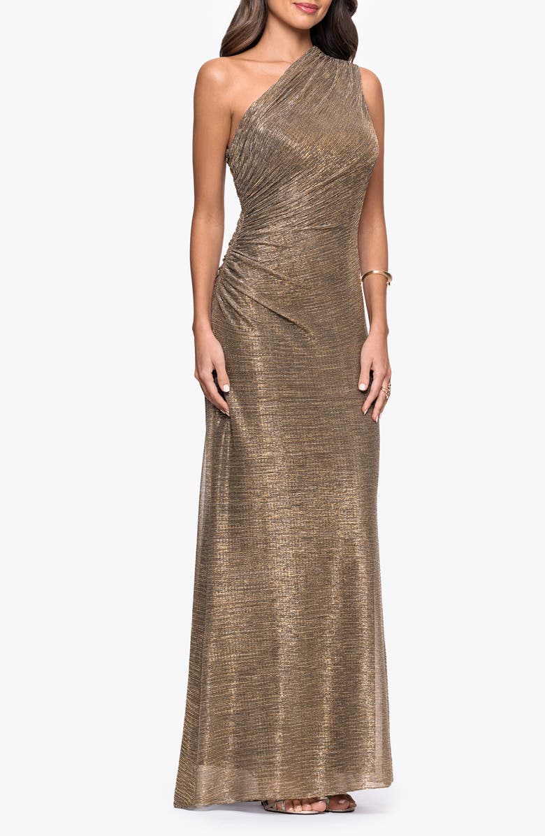 Betsy & Adam One-Shoulder Metallic Crinkled Column Gown, Alternate, color, Mocha/ Gold