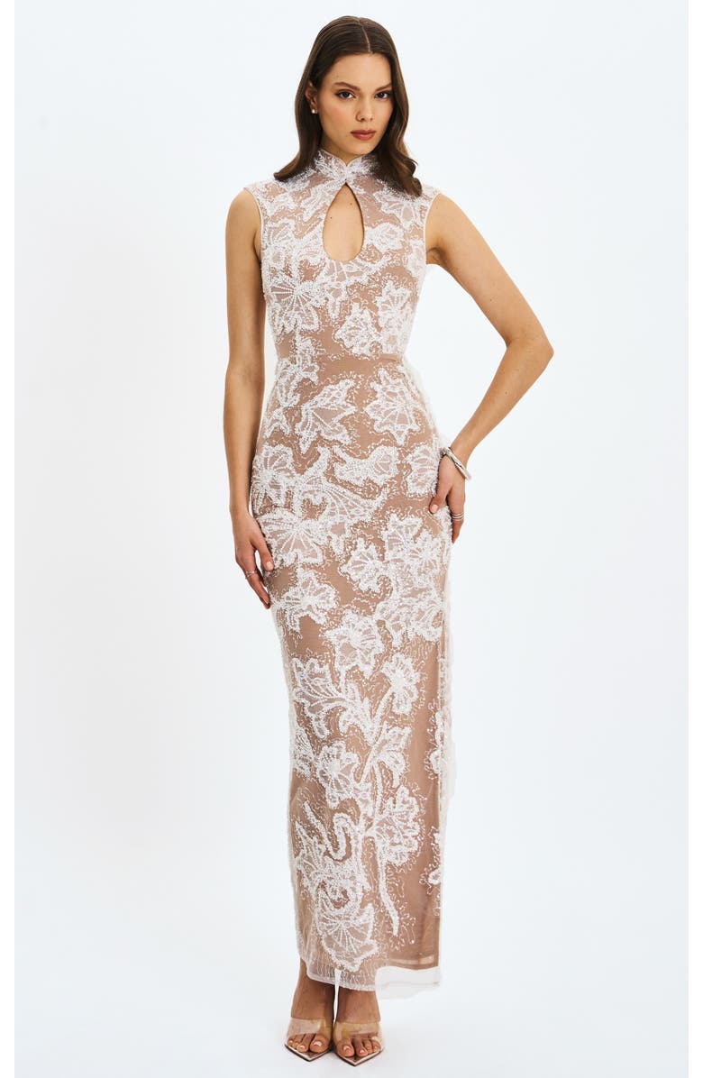 Miss Circle Tavia Beaded Teardrop Neckline Maxi Dress, Main, color, White