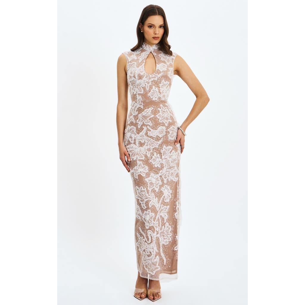 Miss Circle Tavia Beaded Teardrop Neckline Maxi Dress In White