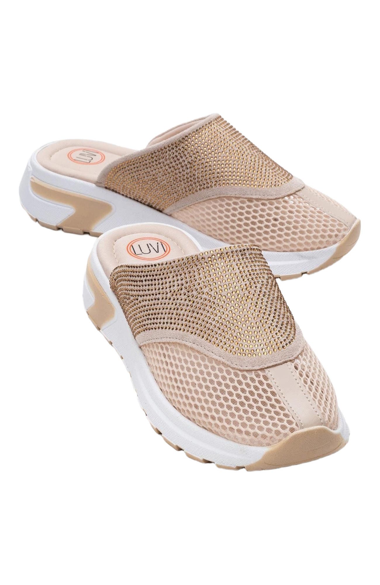 GLEA Mesh Rhinestone Mules, Alternate, color, Beige Faux Leather