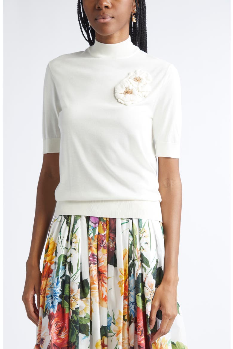 Floral Brooch Silk Sweater, Alternate, color, W0001 BIANCO NATURALE