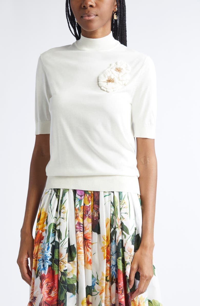 Dolce&Gabbana Floral Brooch Silk Sweater, Alternate, color, W0001 Bianco Naturale