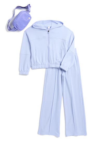 Yogalicious Kids' Brushed French Terry Zip Hoodie, Pants & Belt Bag Set In Baby Lavender/deep Periwinkle