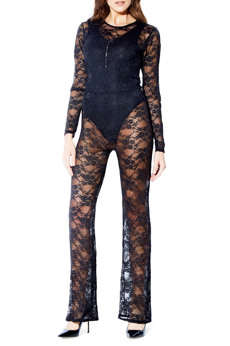 Lace Long Sleeve Catsuit, Main, color, BLACK