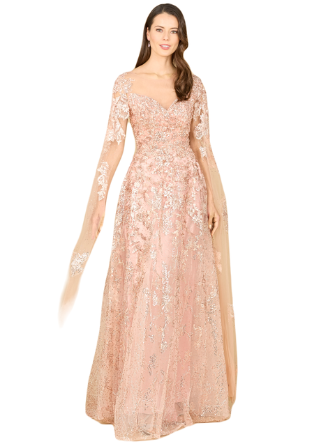 Long Bell Sleeve V-Neck Beaded Gown