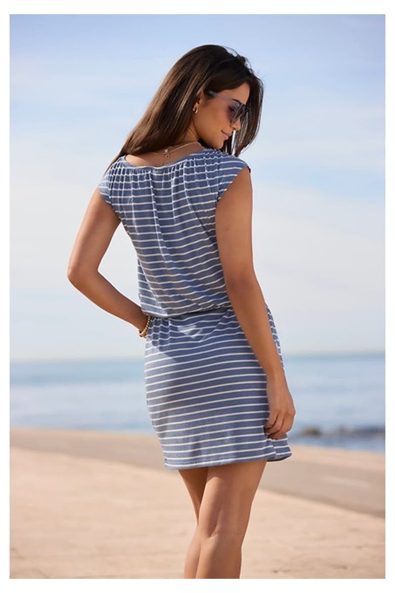 Women's Tie Neckline Dress, Alternate, color, Blue & White