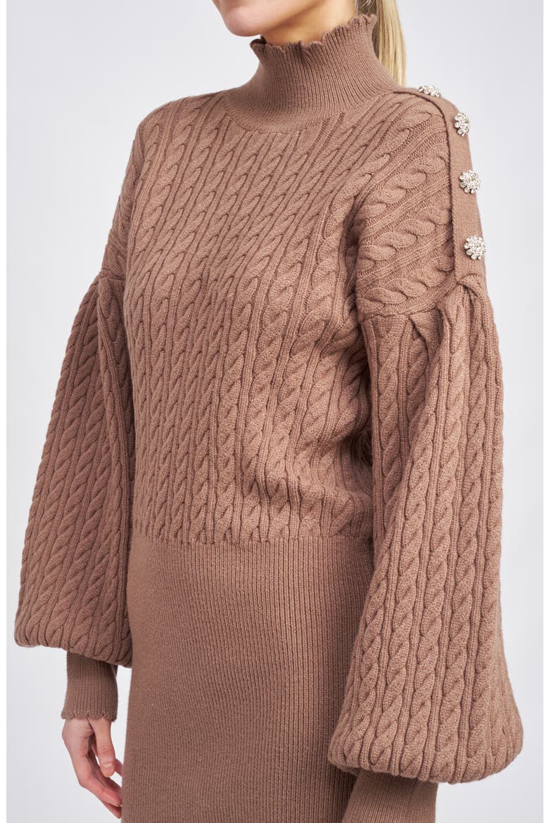 Bettany Button Shoulder Long Sleeve Turtleneck Sweater Minidress, Alternate, color, BROWN