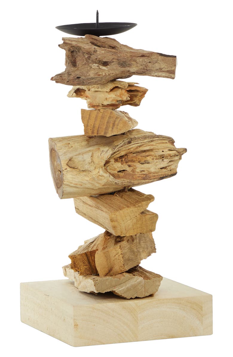 GINGER BIRCH STUDIO Large Recycled Natural Brown Tree Root Wooden Pillar Candle Holder with Spike, Alternate, color, 