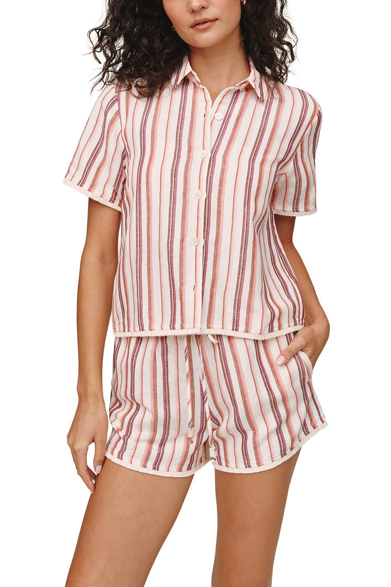 Stripe Frayed Short Sleeve Linen Blend Button-Up Shirt, Main, color, SUNSET STRIPE