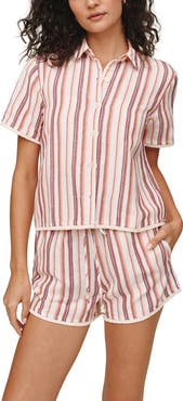 Bella Dahl Stripe Frayed Short Sleeve Linen Blend Button-Up Shirt