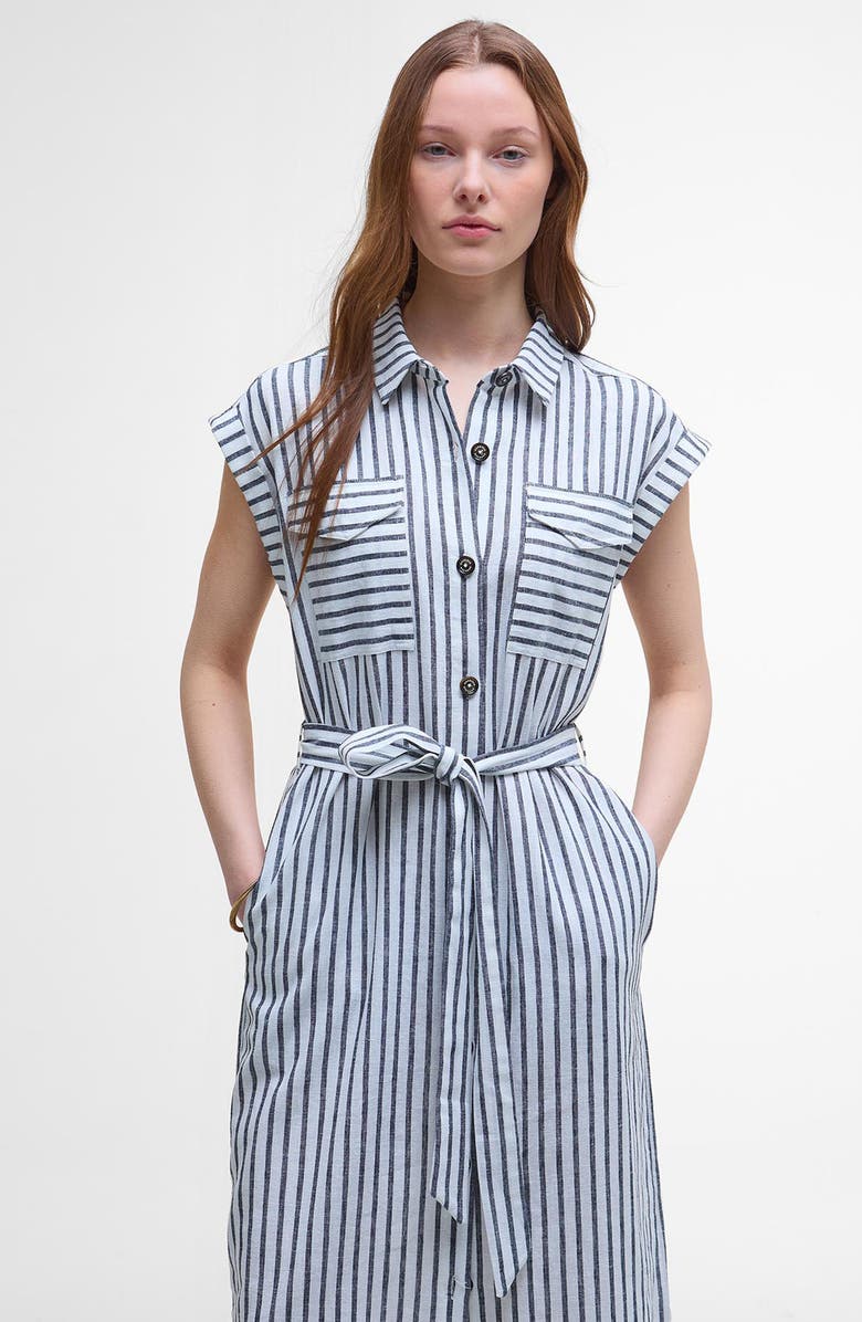 Barbour Abby Stripe Belted Cotton & Linen Shirtdress, Alternate, color, Navy White Stripe