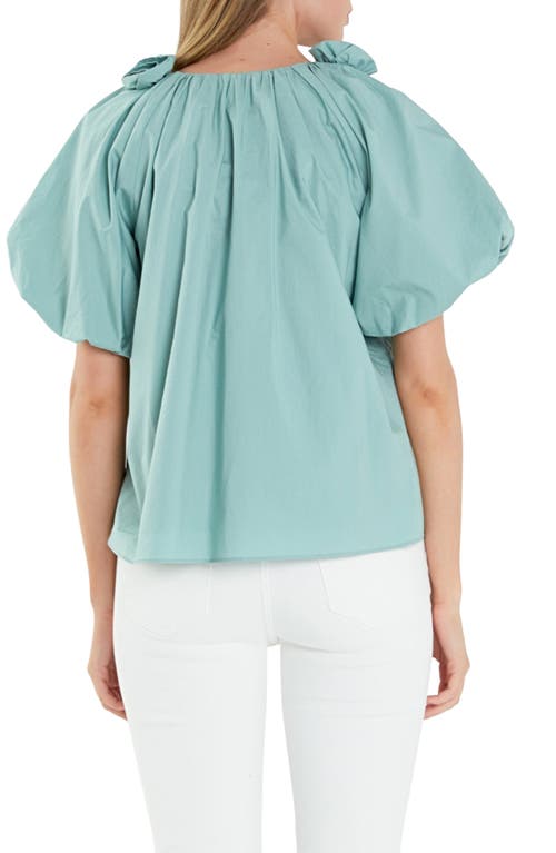English Factory Rosette Puff Sleeve Cotton Poplin Top In Sage