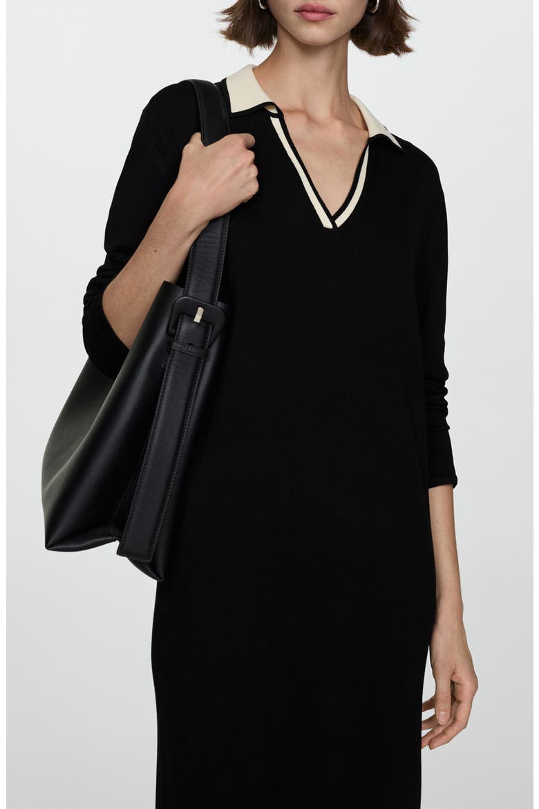Contrast Collar Long Sleeve Knit Dress, Alternate, color, BLACK