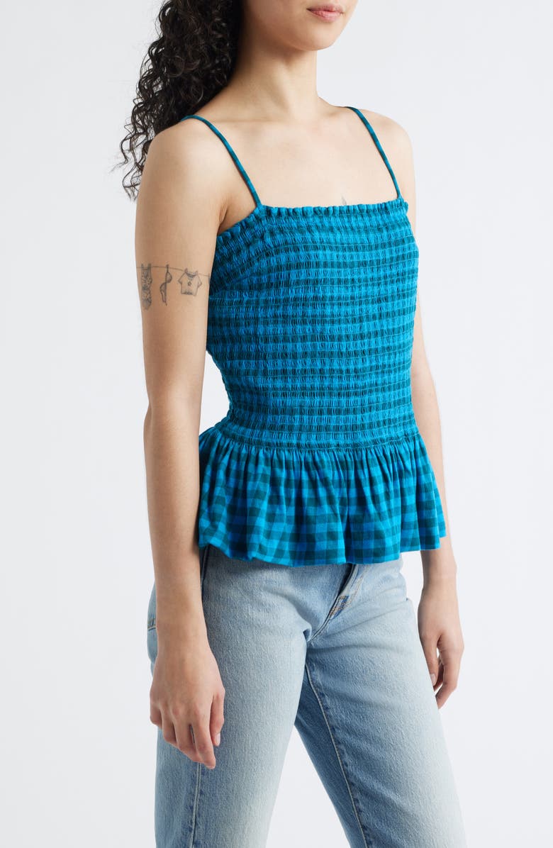 Free People Sundance Gingham Peplum Tank, Alternate, color, Teal Combo