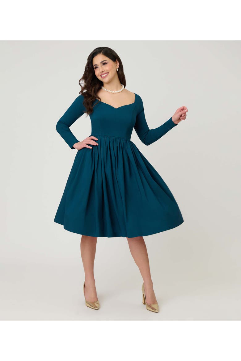 Sweetheart Long Sleeve Swing Dress, Alternate, color, Green Solid