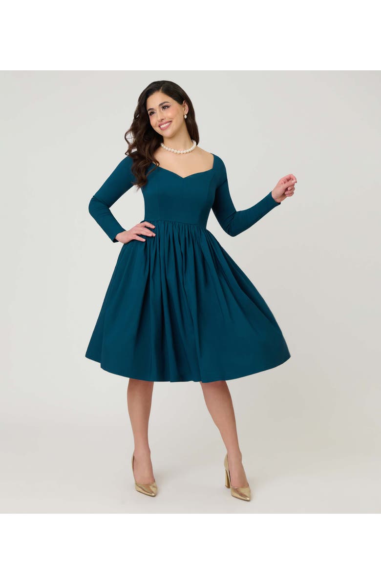 Unique Vintage Sweetheart Long Sleeve Swing Dress, Alternate, color, Green Solid
