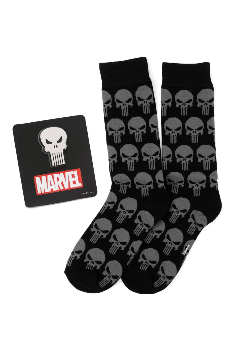 Punisher Socks & Lapel Pin Set, Alternate, color, BLACK