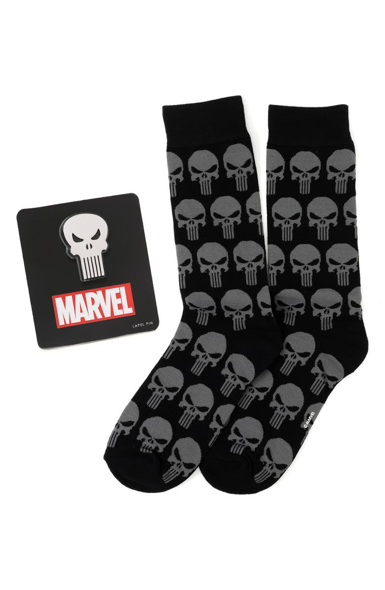 Cufflinks, Inc. Punisher Socks & Lapel Pin Set, Alternate, color, Black