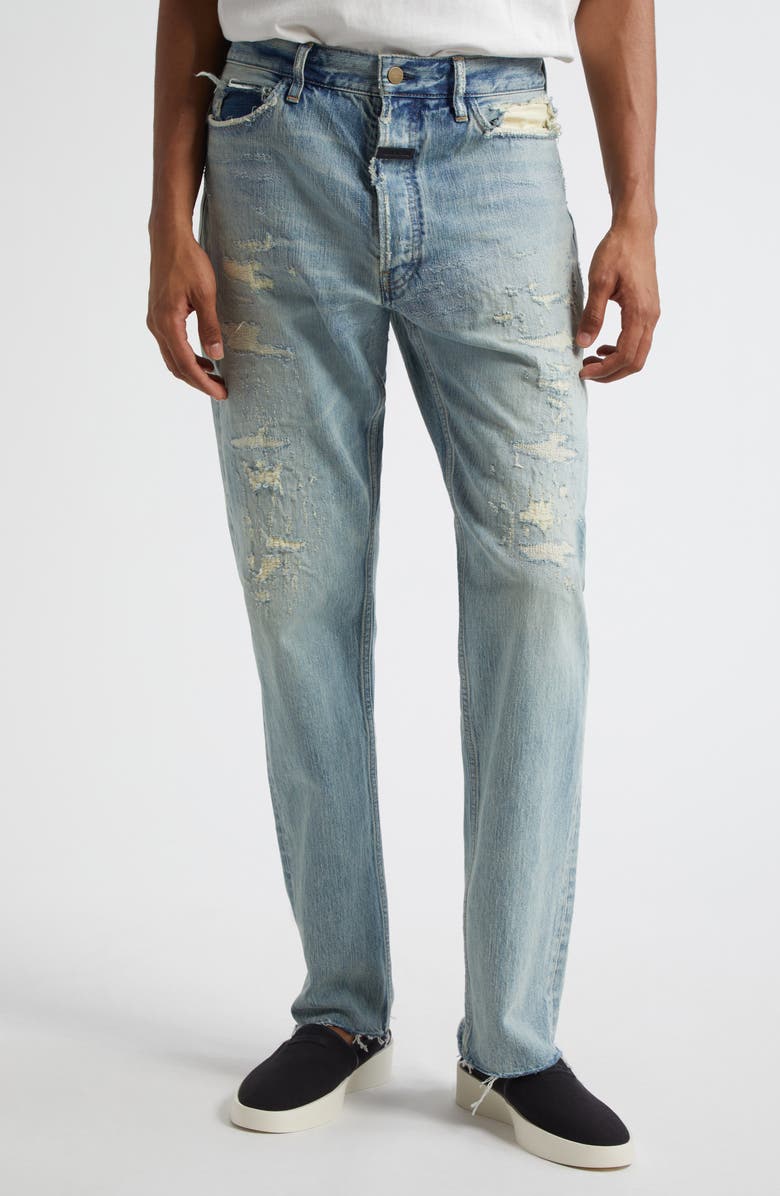 Fear of God Rip & Repair Straight Leg Jeans, Main, color, Repaired Indigo 2