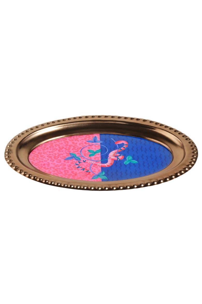 Nanpur Patterned Oval Metal Decorative Tray 12X8 In, Alternate, color, Pink