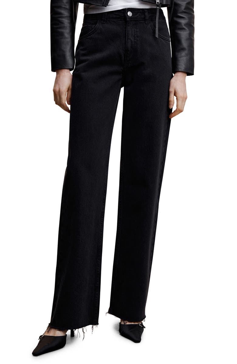 MANGO Fray Hem Wide Leg Jeans, Main, color, Black Denim